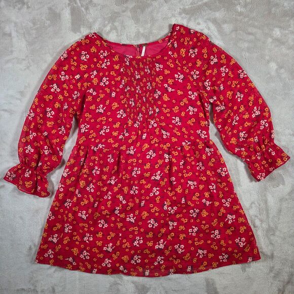 Free People Red Floral Tunic Mini Dress Size 2 Court Me With Flowers BOHO Whimsy - Picture 1 of 9
